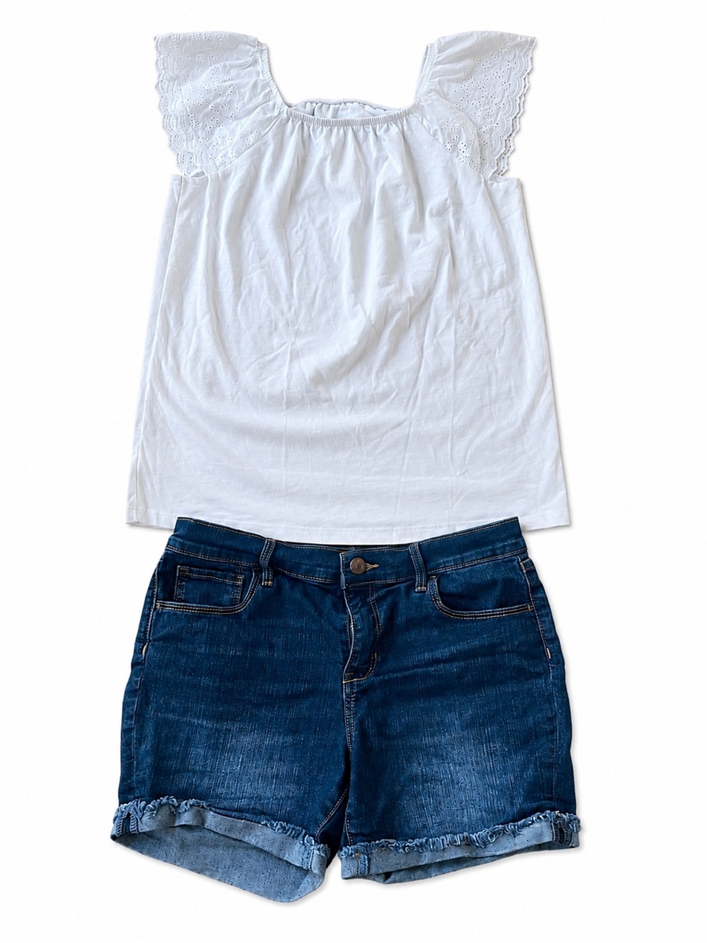 Cat & Jack White Eyelet Flutter Sleeve Top +Old Navy Denim Shorts Girls XL 14-16
